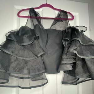 Akira Black Mesh Off The Shoulder Ruffle Crop Blouse